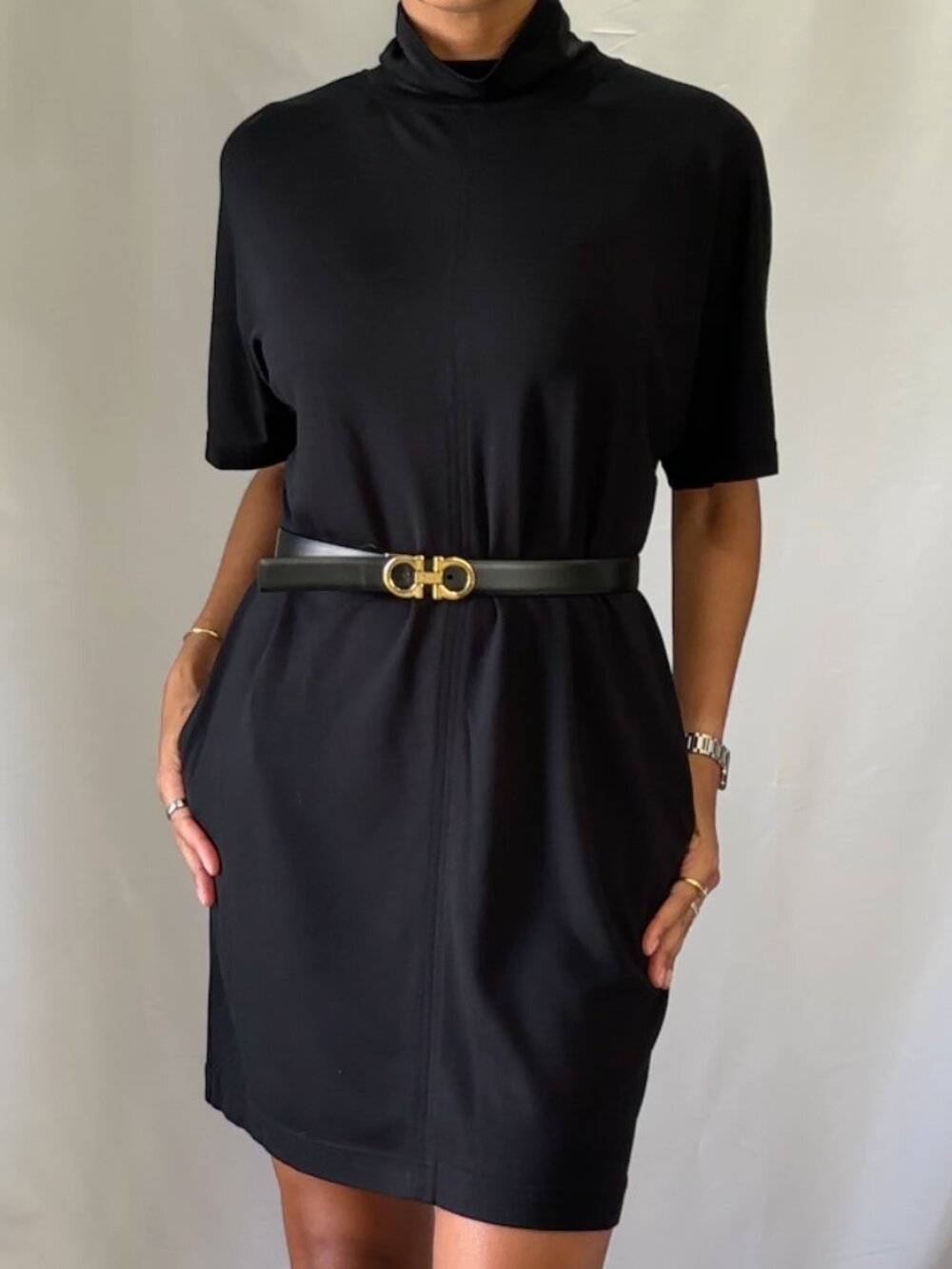 Prologue Black Turtleneck Dress Short Sleeve Ribbed Stretch Knit Minimalist Size